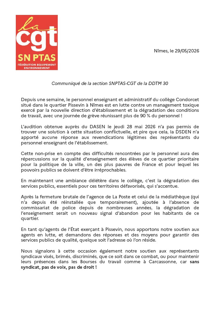 Motion de soutien au personnel du Collège Condorcet par la section SNPTAS-CGT du Gard le 29 mai 2026