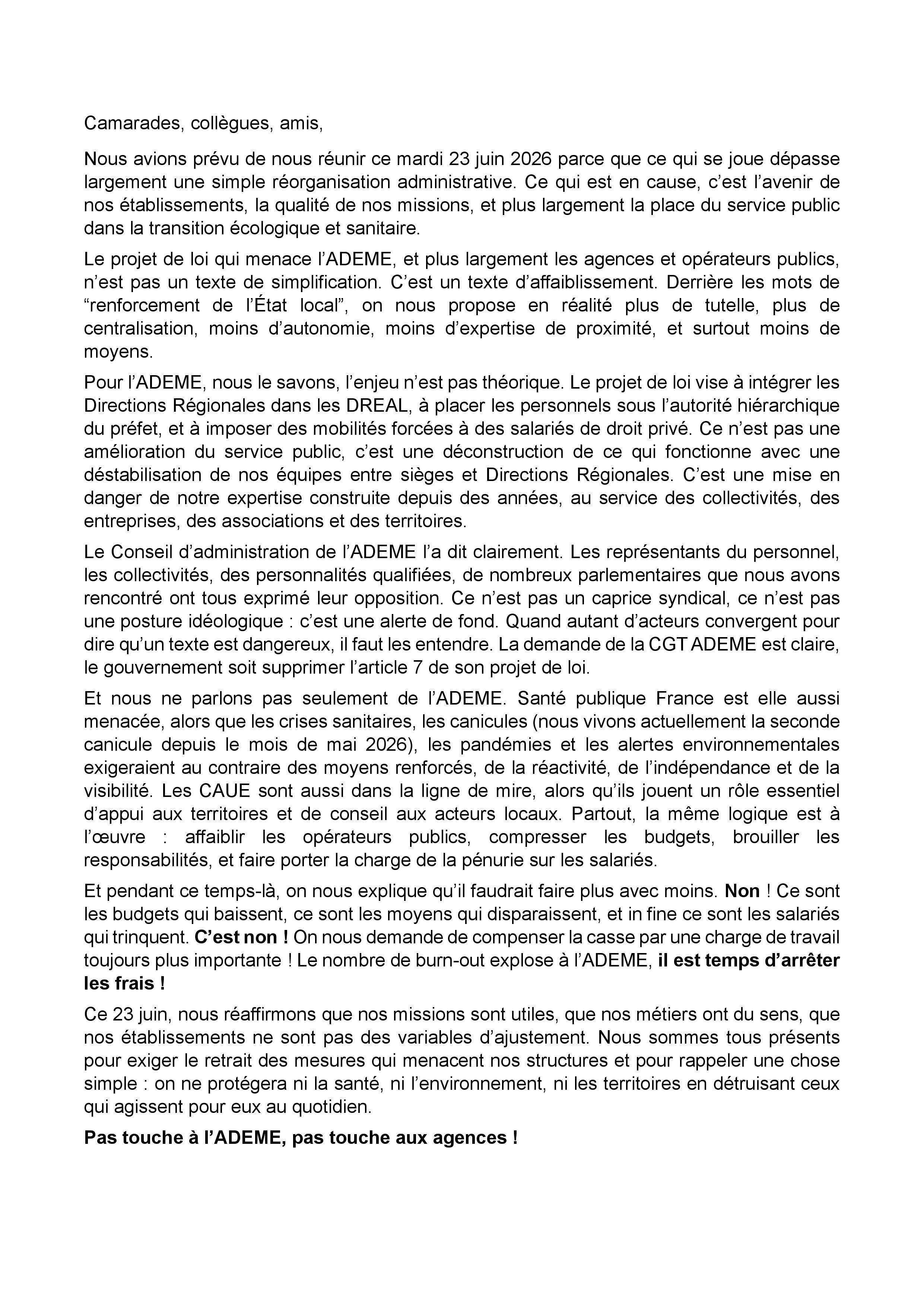 Déclaration de la CGT ADEME lors du rassemblement virtuel du 23 juin 2026